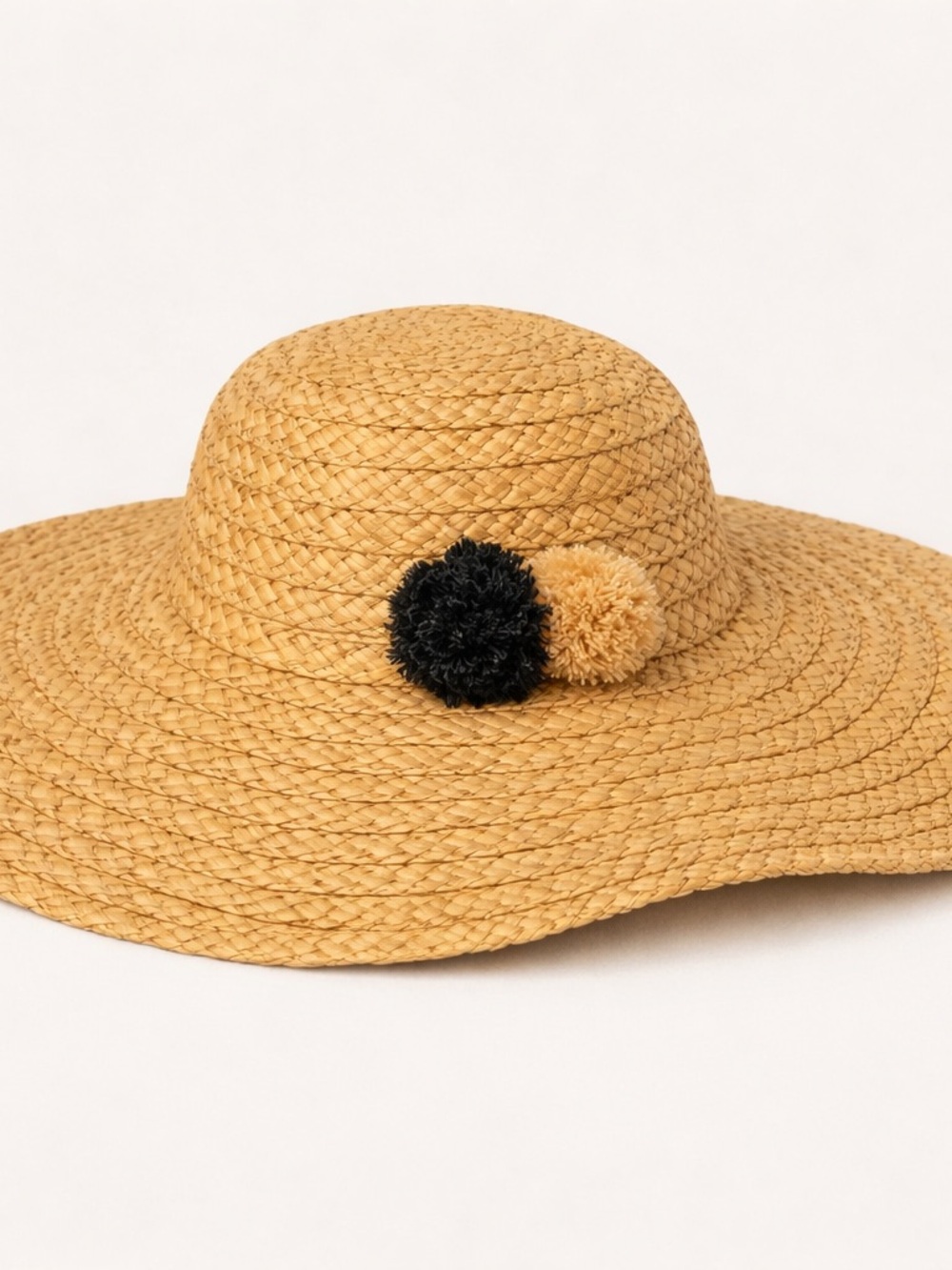 Hat Attack Rattan Straw Sun Pom Beach Hat Hi Embroidered Graphic Writing